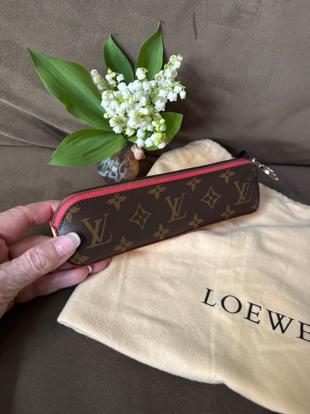 Louis Vuitton Excellent Monogram Canvas Slim Zip Case - Brown with Red Trim